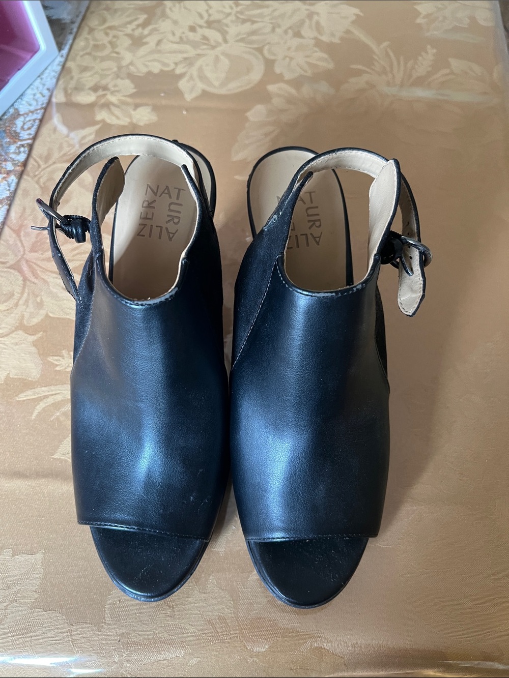 Naturalizer Black Leather Open-Toe Slingback Mules with Buckle